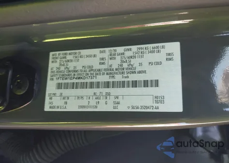 2021 Ford F-150 Xlt z USA, uszkodzony, nr VIN 1FTEW1EP4MKD17371